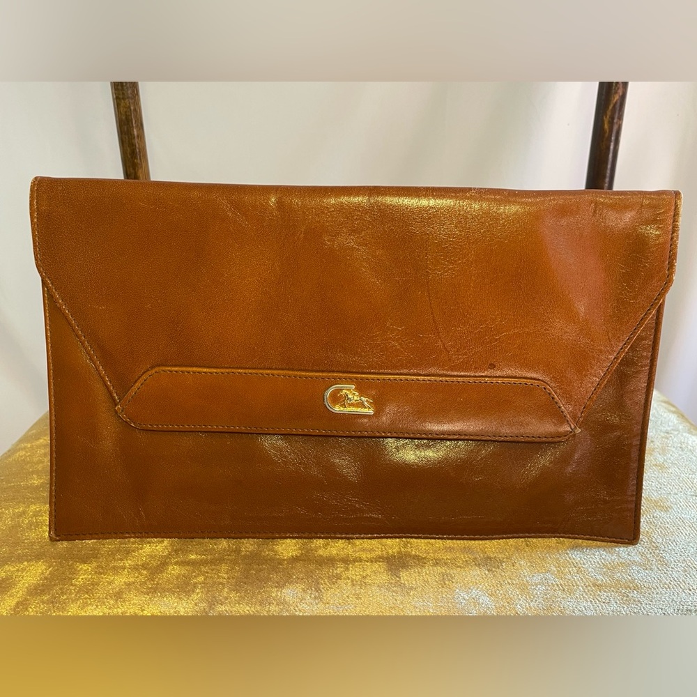 Brown Leather, Vintage Clutch, Small Gold Horse Detail